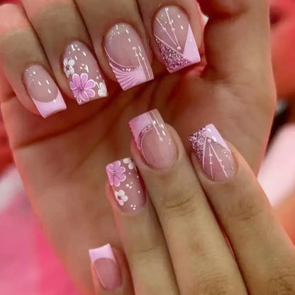 Pink Glitter Flower Press-On Nails