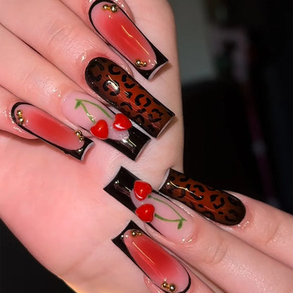Leopard Cherry Rhinestone Press-On Nails
