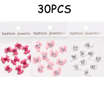 30/20/10PC Pink Ribbon Resin Bow Parts Nail Charms Mix-Style Bow Rhinestone Jewelry 8-12mm Y2K Accessory for DIY Manicure Decora