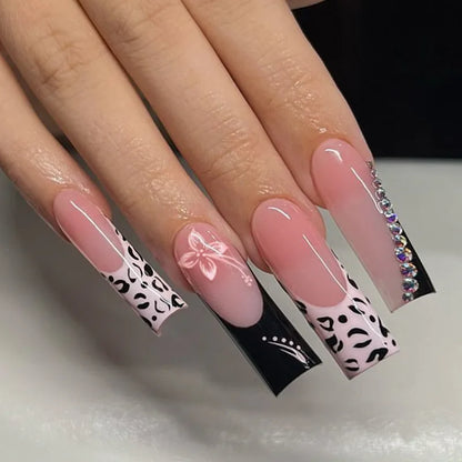 Leopard Cherry Rhinestone Press-On Nails