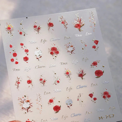 Colorful Floral Nail Art Sticker Summer Garden Motifs Juicy Flower Petals Dimensional Botanical Patterns Adhesive Manicure Decal