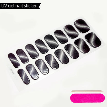 Green Cat Eyes Semi Cured Gel Nail Stickers 16Tips Pure Color Fine Flash Full Cover Nail Slider UV/LED  Baking  Lamp Gel Sticker
