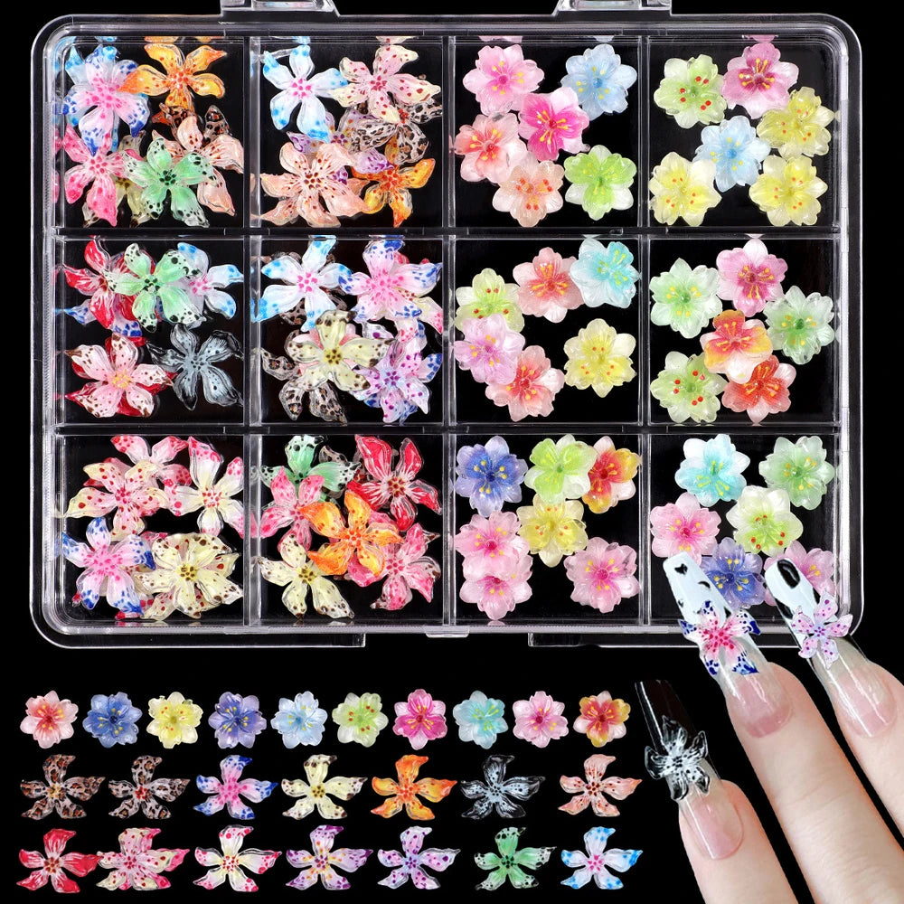 60pcs Mixed Hawaiian Flower Nail Decoration 3D Gradient Cherry Blossom Crystal Five Petal Leopard Print Lily Flower Nail Charms