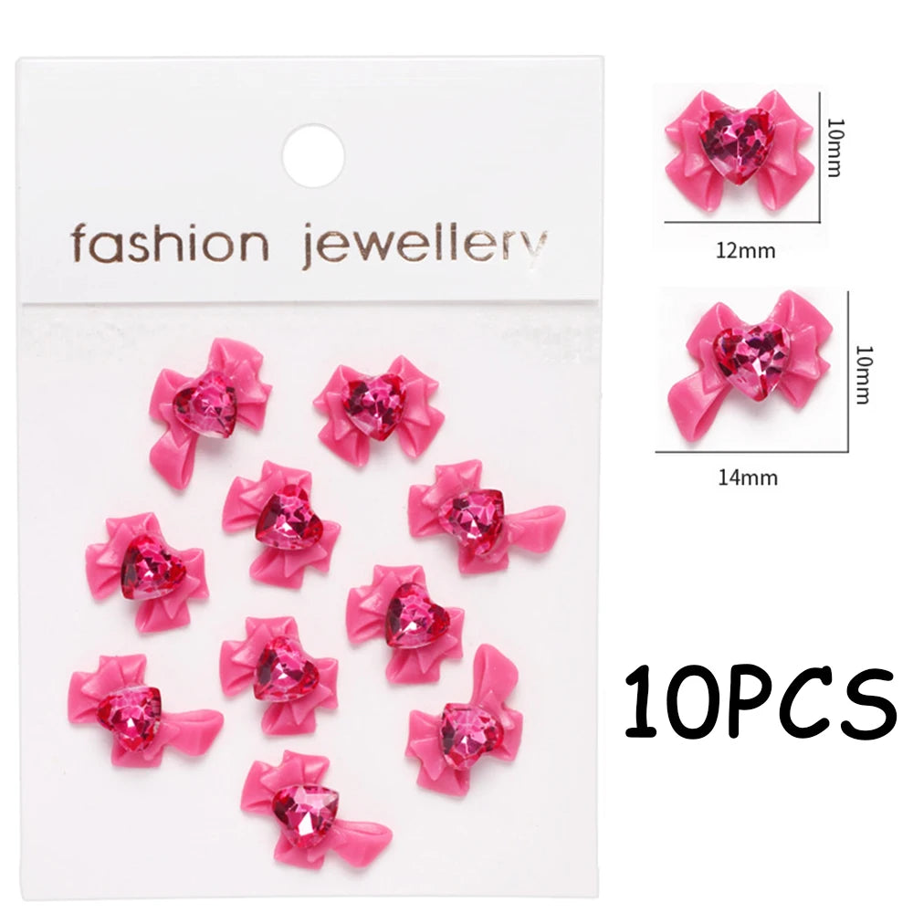30/20/10PC Pink Ribbon Resin Bow Parts Nail Charms Mix-Style Bow Rhinestone Jewelry 8-12mm Y2K Accessory for DIY Manicure Decora