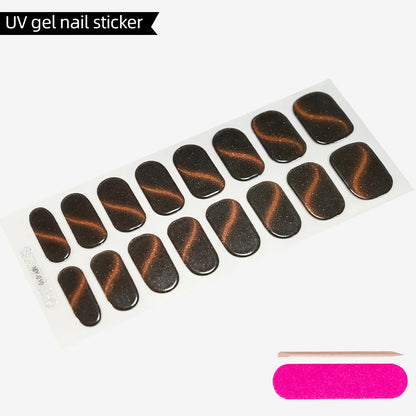 Green Cat Eyes Semi Cured Gel Nail Stickers 16Tips Pure Color Fine Flash Full Cover Nail Slider UV/LED  Baking  Lamp Gel Sticker