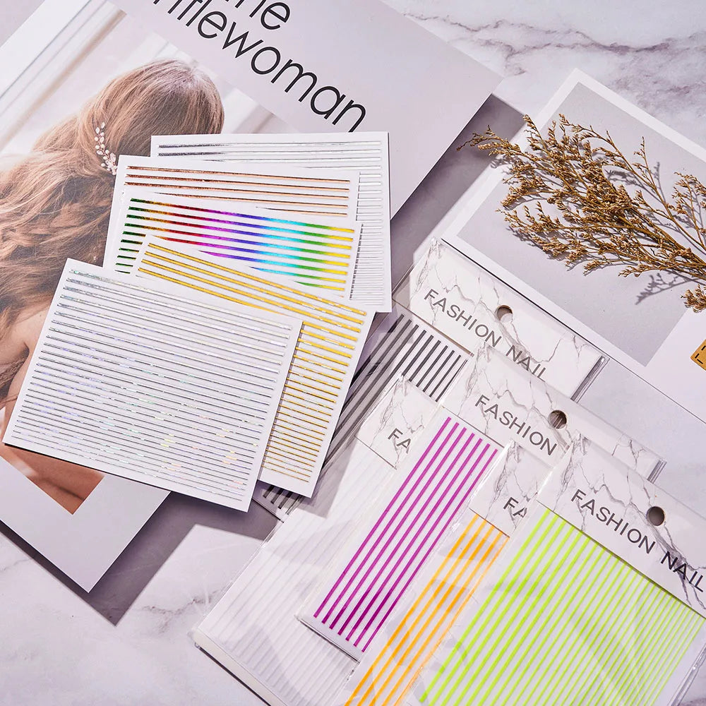 12 Sheets Strip Lines Nails art Stickers 3D Fluorescent Laser Gold Self-Adhesive Nail Sliders Decoration 6.5X5cm Manicure Decals