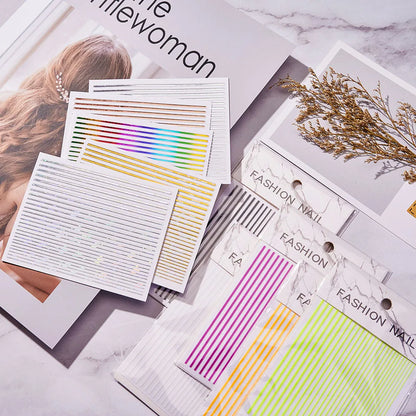 12 Sheets Strip Lines Nails art Stickers 3D Fluorescent Laser Gold Self-Adhesive Nail Sliders Decoration 6.5X5cm Manicure Decals