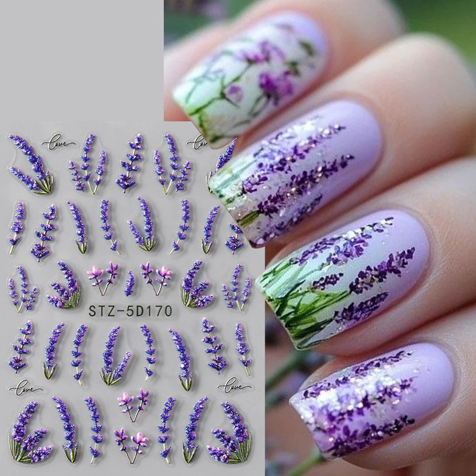 5D Embossed Lavender Flower Nail Stickers 2pc