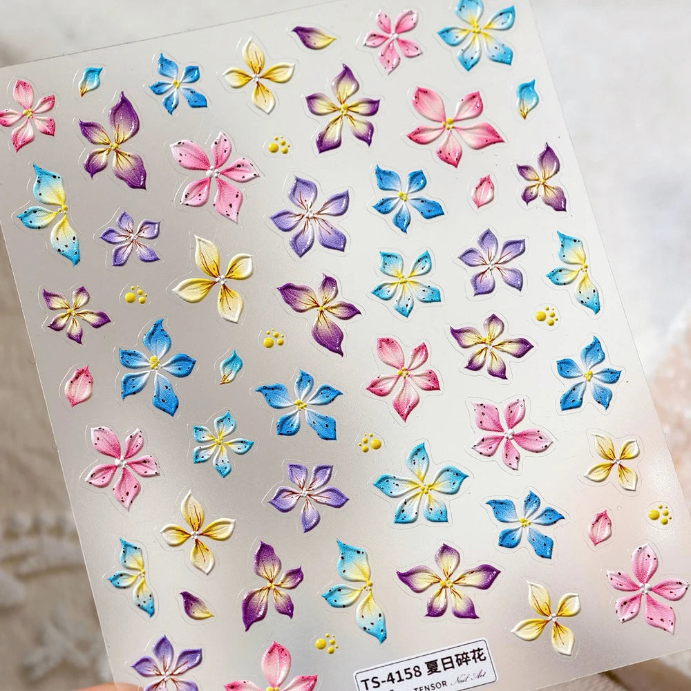 Colorful Floral Nail Art Sticker Summer Garden Motifs Juicy Flower Petals Dimensional Botanical Patterns Adhesive Manicure Decal