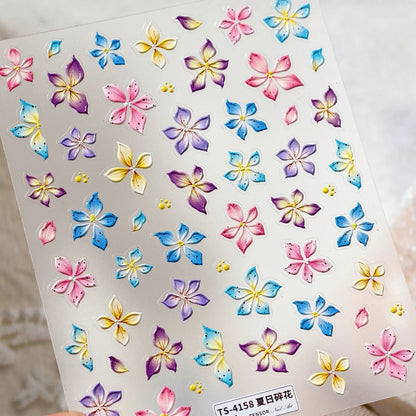 Colorful Floral Nail Art Sticker Summer Garden Motifs Juicy Flower Petals Dimensional Botanical Patterns Adhesive Manicure Decal