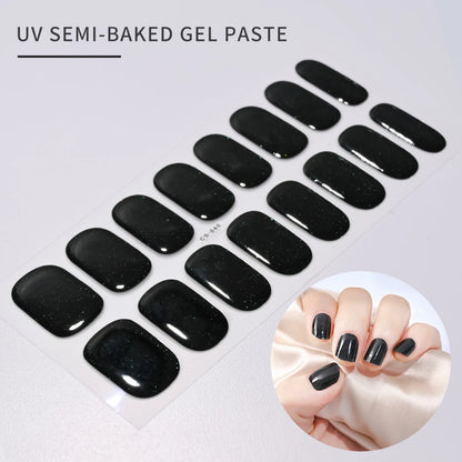 16Tips Glitter Semi-Cured Gel UV Sticker 3D French Gradient Shiny Glitter Powder UV Gel Sticker Full Cover UV Lamp Glitter Decal