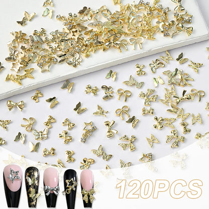 Gold Bow Butterfly Metal Nail Charms 120pc