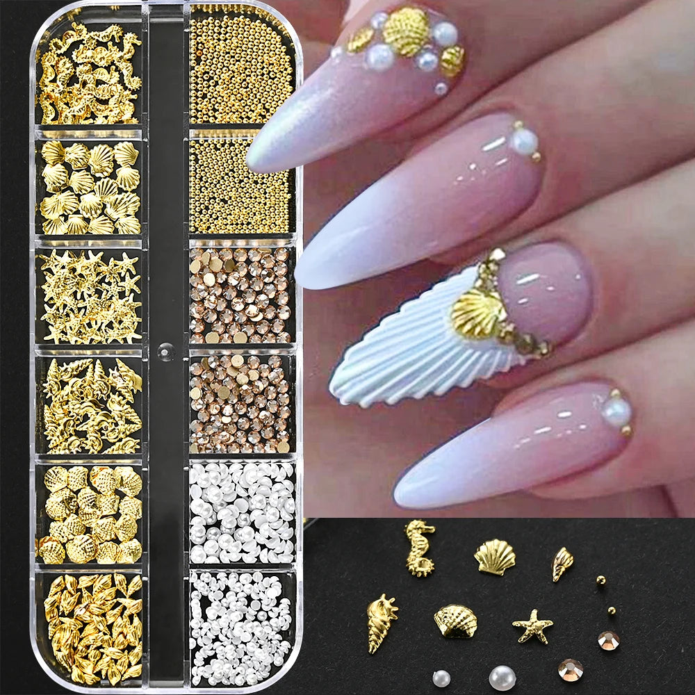 Gold Silver Pearl Caviar Nail Rhinestones