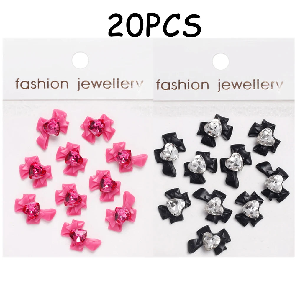 30/20/10PC Pink Ribbon Resin Bow Parts Nail Charms Mix-Style Bow Rhinestone Jewelry 8-12mm Y2K Accessory for DIY Manicure Decora