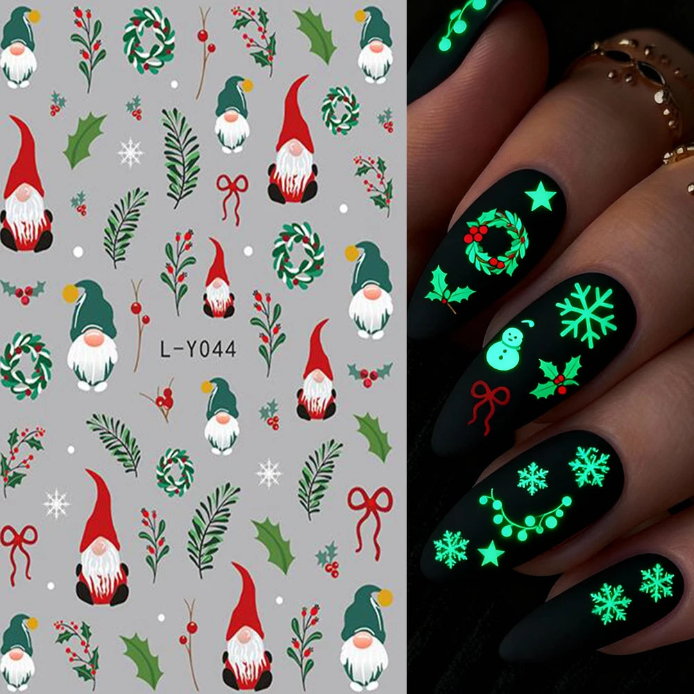 1pcs Luminous Light Bulbs Design Nail Art Stickers 3D Christmas Tree Snowflakes Noctilucent Lanterns Nail Decals DIY Winter Nail